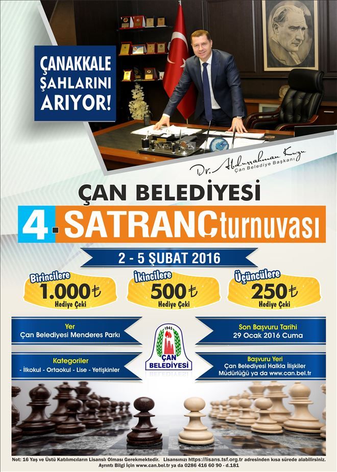 Çan Belediyesi 4. Satranç Turnuvaları Başvuruları Başladı