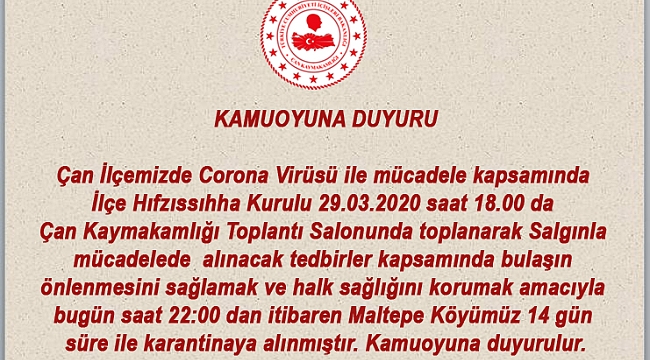 MALTEPE KÖYÜ KARANTİNA ALTINA ALINDI