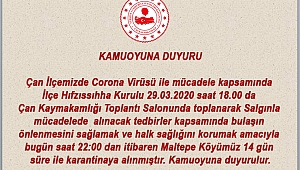 MALTEPE KÖYÜ KARANTİNA ALTINA ALINDI