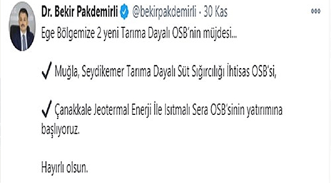 BAKAN PAKDEMİRLİ'DEN ÇANAKKALE'YE JEOTERMAL ENERJİ İLE ISITMALI SERA OSB MÜJDESİ