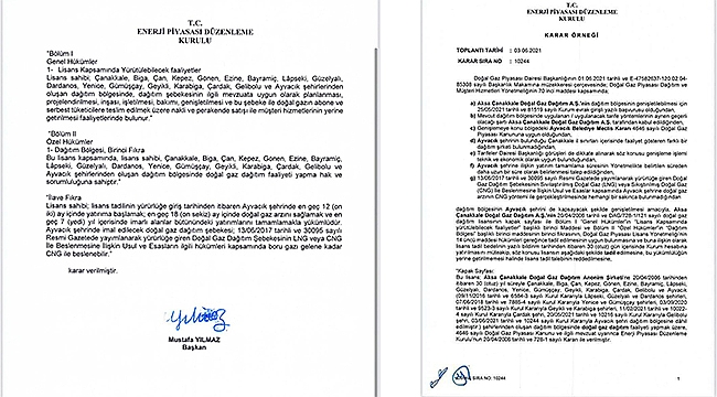 AYVACIK İÇİN DOĞALGAZ NETLEŞTİ