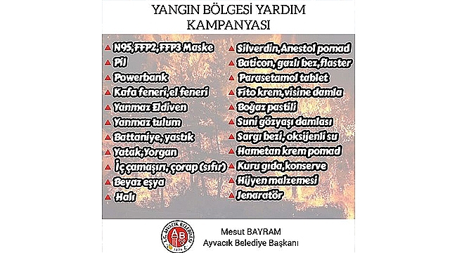 AYVACIK BELEDİYESİ ORMAN YANGINLARI NEDENİYLE YARDIM KAMPANYASI BAŞLATTI