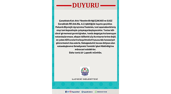 LAPSEKİ BELEDİYESİ VATANDAŞLARA SESLENDİ