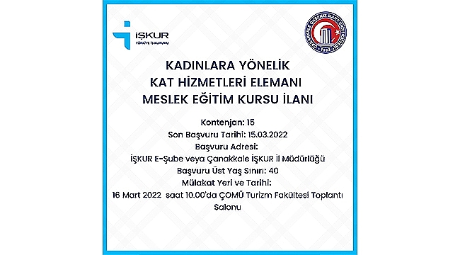 KAT HİZMETLERİ ELEMANI MESLEK EĞİTİM KURSUNA BAŞVURULAR BAŞLADI