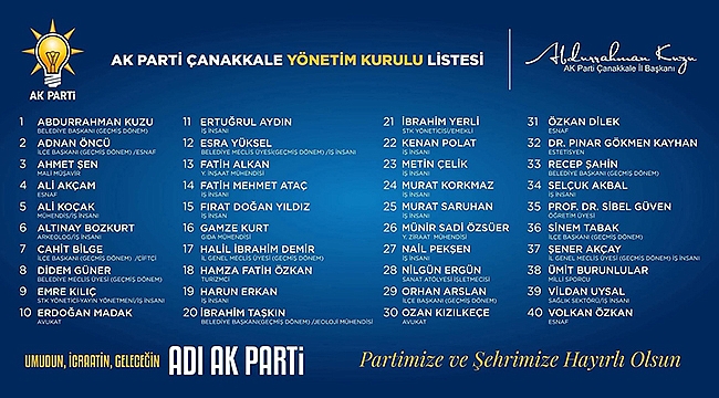 AYHAN GİDER'DEN AK PARTİ ÇANAKKALE İL YÖNETİMİNE TEBRİK MESAJI