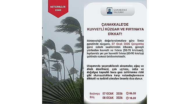 ÇANAKKALE'DE KUVVETLİ RÜZGAR VE FIRTINA UYARISI