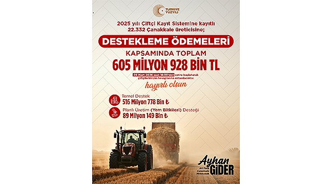 ÇANAKKALELİ ÜRETİCİLERE 605 MİLYON TL'LİK TARIMSAL DESTEK ÖDEMESİ