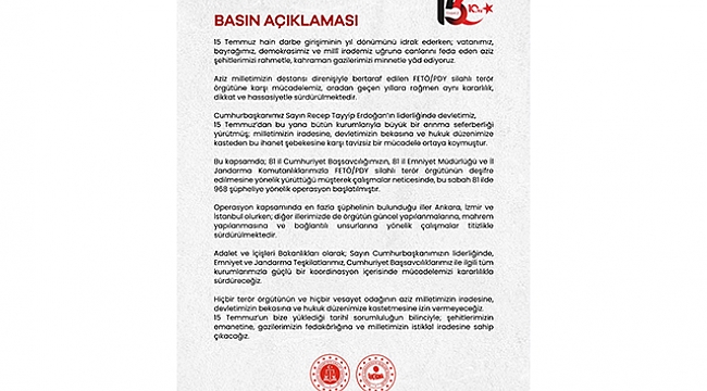İÇİŞLERİ BAKANLIĞI'NDAN 15 TEMMUZ MESAJI